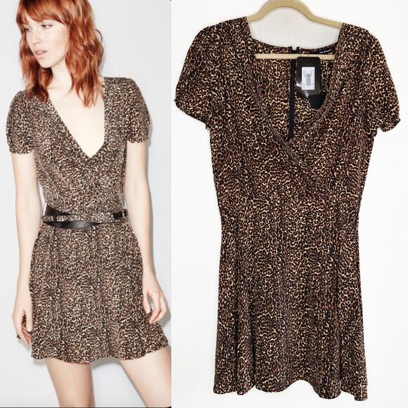 NWT The Kooples Baby Leopard Silk Faux Wrap Short Sleeve Mini Dress Medium - Picture 1 of 13